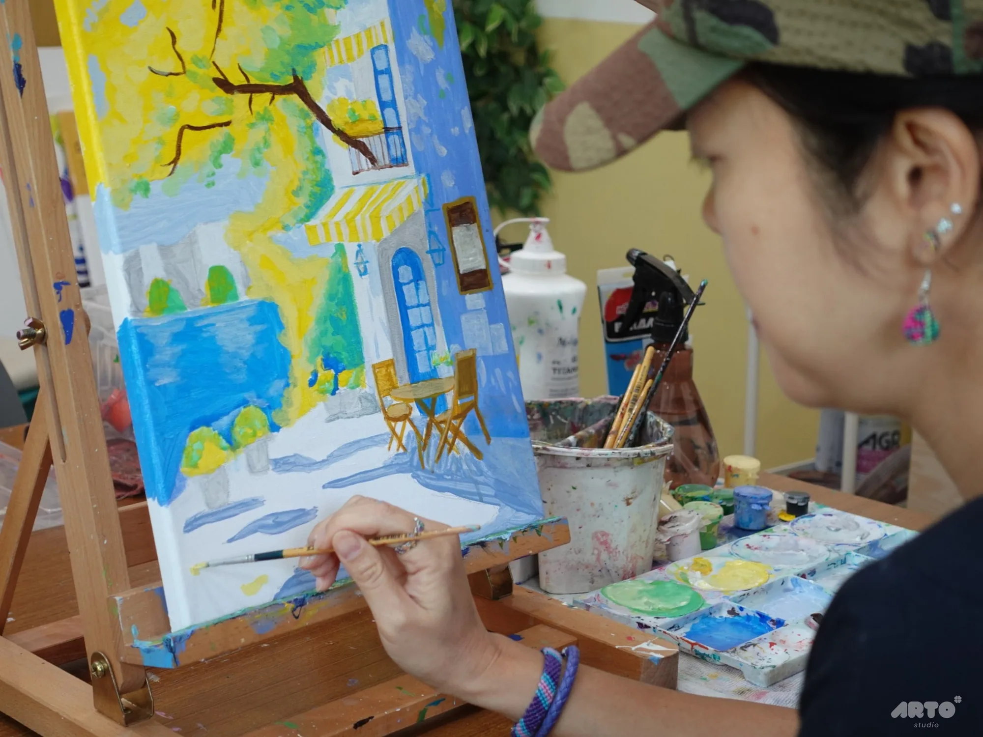 วาดภาพทิวทัศน์สีอะคริลิกบนเฟรม